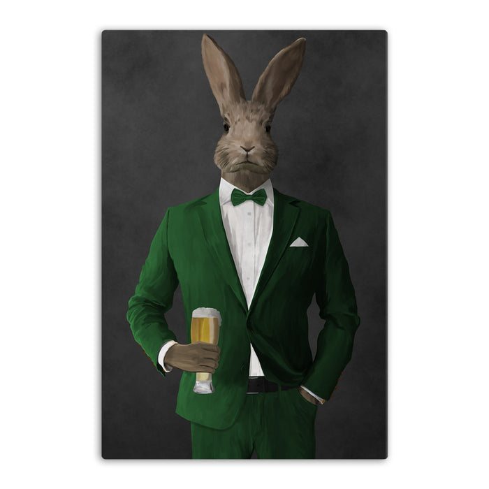 Rabbit drinking beer wearing green suit canvas wall art
