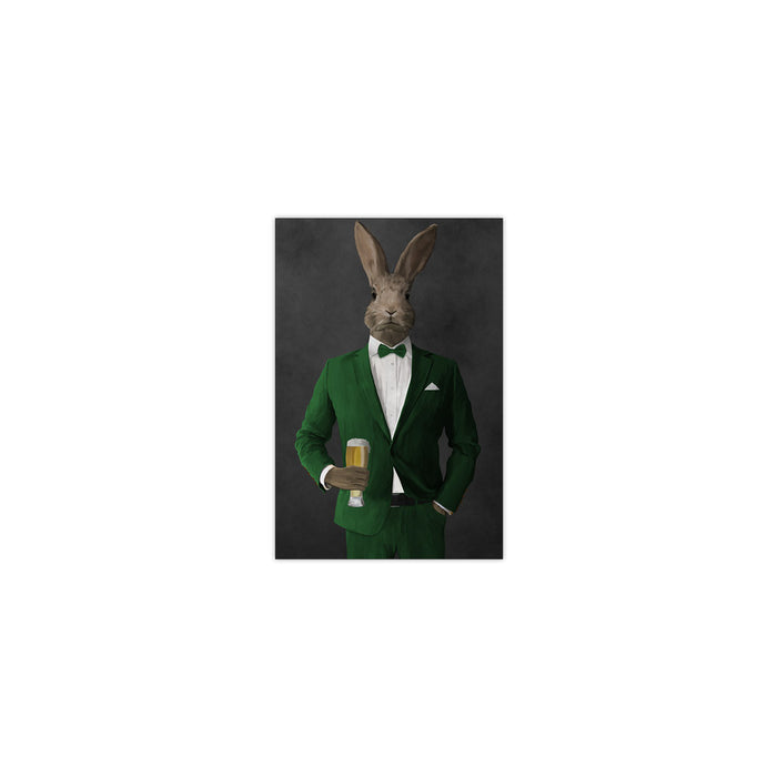 Rabbit drinking beer wearing green suit small wall art print