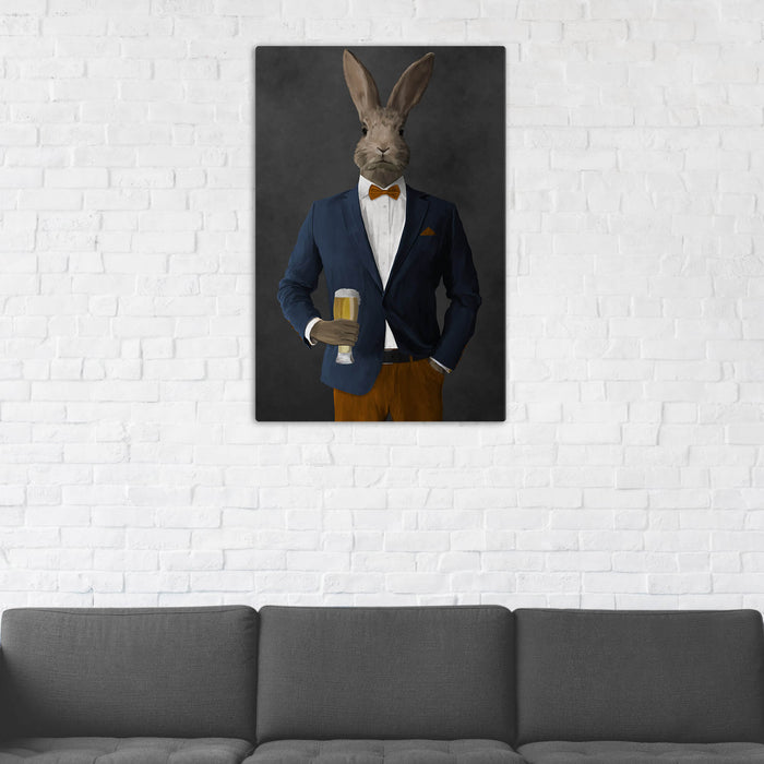 Rabbit Drinking Beer Wall Art - Navy and Orange Suit