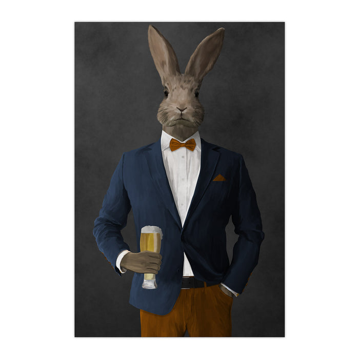 Rabbit drinking beer wearing navy and orange suit large wall art print