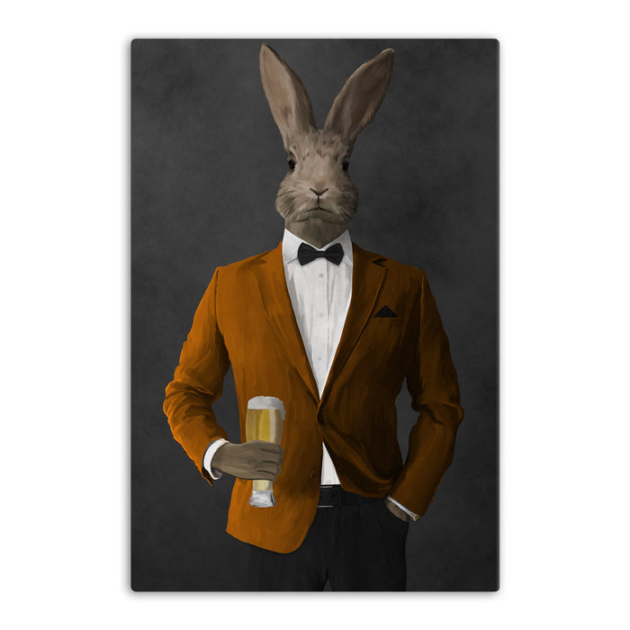 Rabbit drinking beer wearing orange and black suit canvas wall art