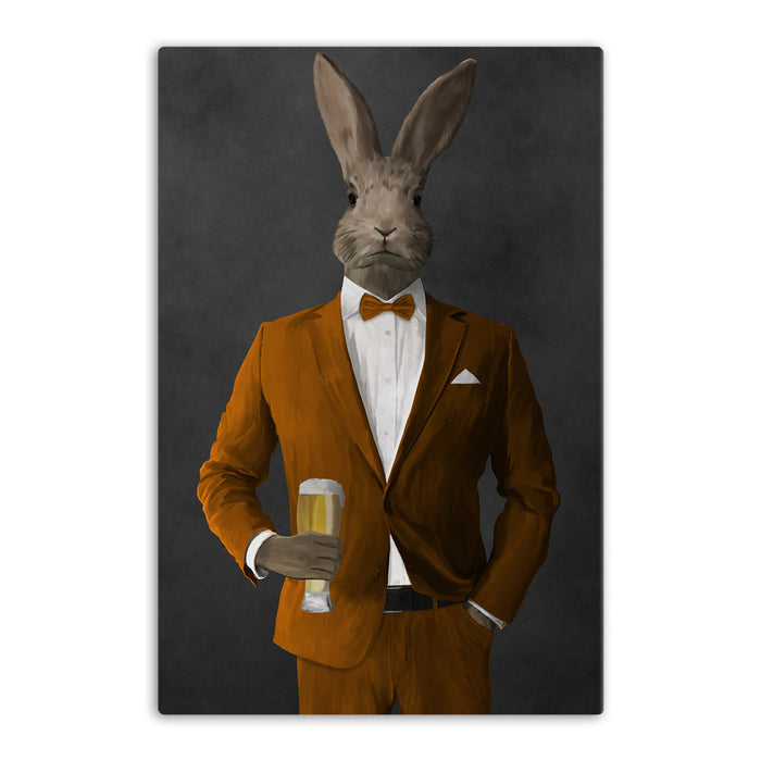 Rabbit drinking beer wearing orange suit canvas wall art