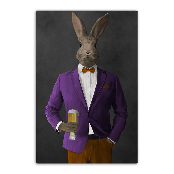 Rabbit drinking beer wearing purple and orange suit canvas wall art
