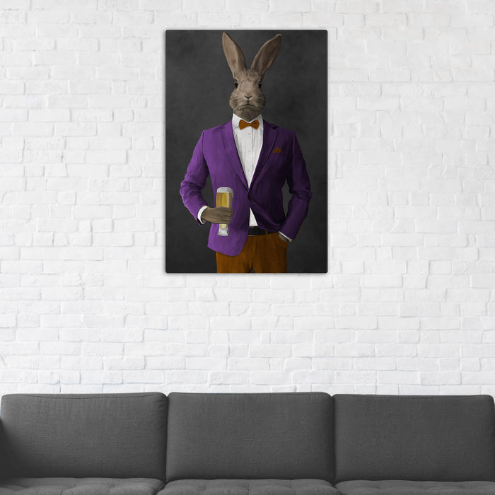Rabbit Drinking Beer Wall Art - Purple and Orange Suit