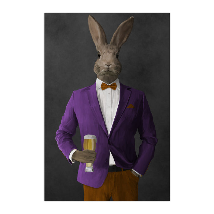 Rabbit drinking beer wearing purple and orange suit large wall art print