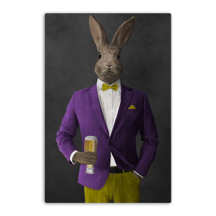 Rabbit drinking beer wearing purple and yellow suit canvas wall art