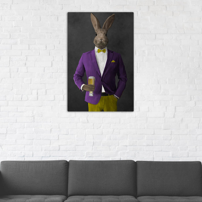 Rabbit Drinking Beer Wall Art - Purple and Yellow Suit