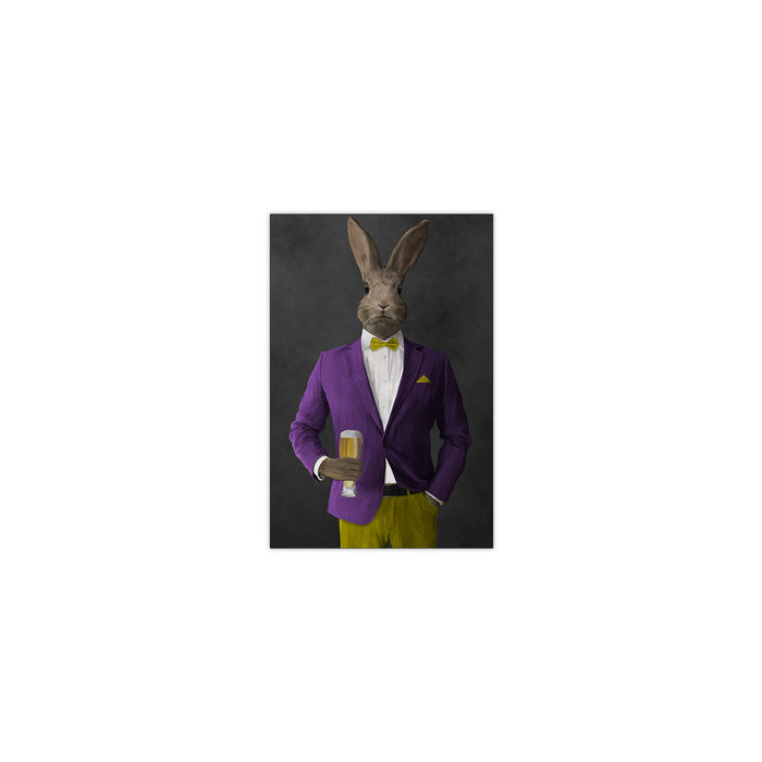Rabbit drinking beer wearing purple and yellow suit small wall art print