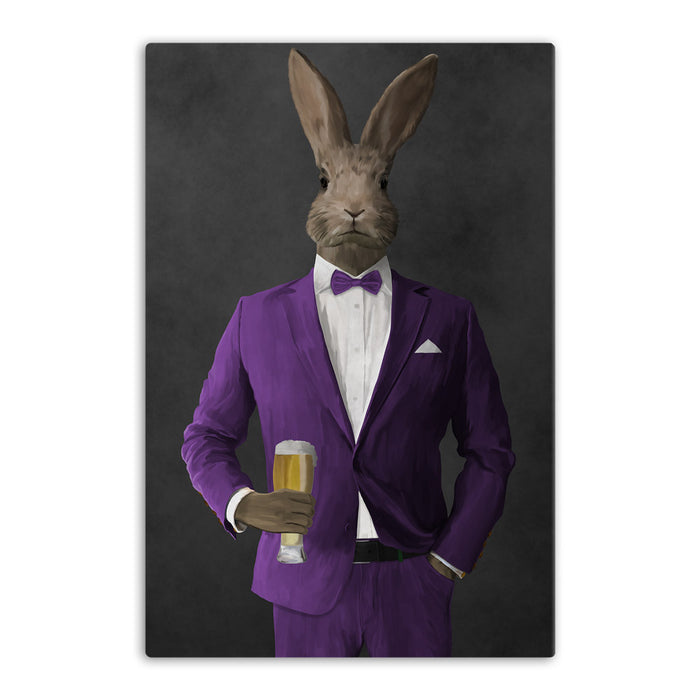 Rabbit drinking beer wearing purple suit canvas wall art