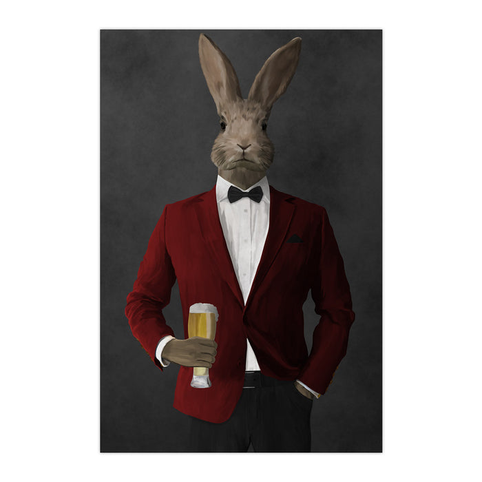 Rabbit drinking beer wearing red and black suit large wall art print