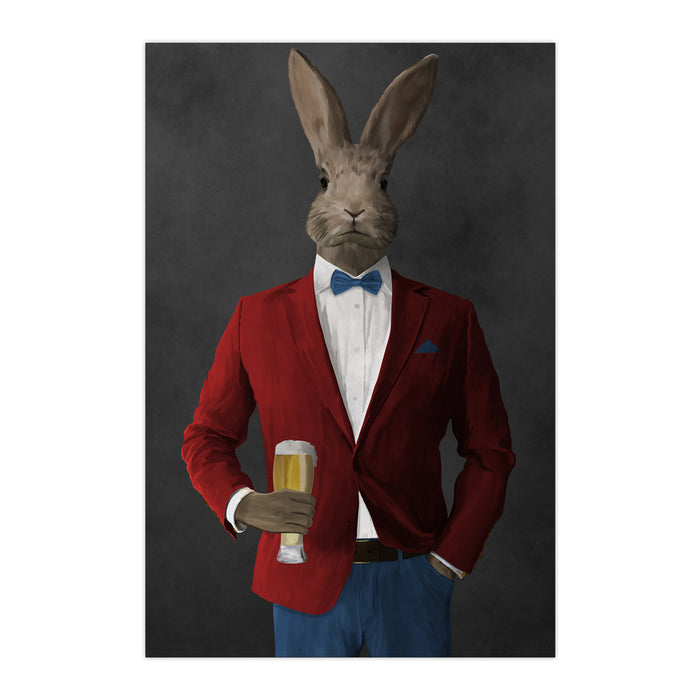 Rabbit drinking beer wearing red and blue suit large wall art print