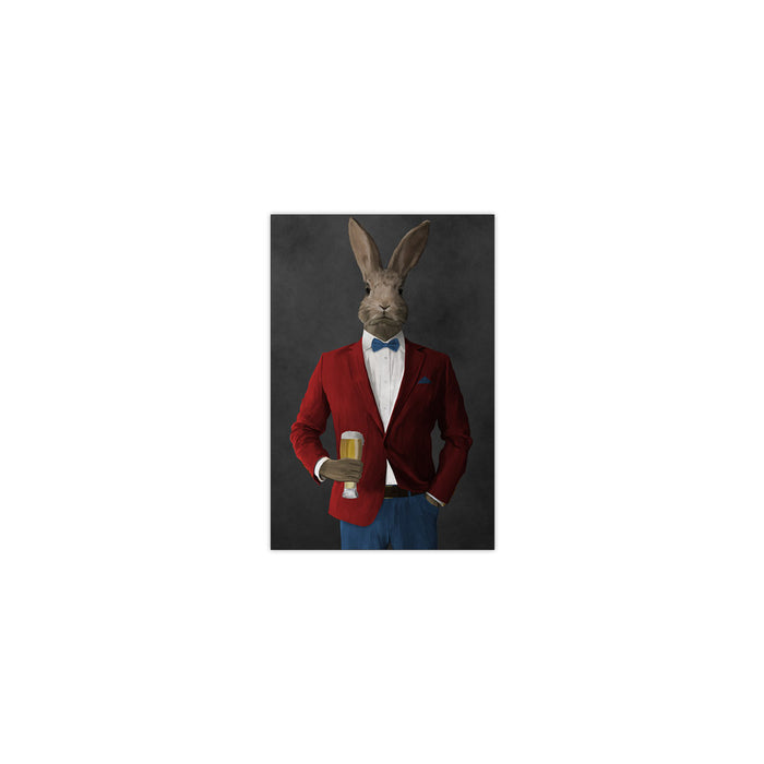Rabbit drinking beer wearing red and blue suit small wall art print
