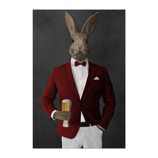 Rabbit drinking beer wearing red and white suit large wall art print