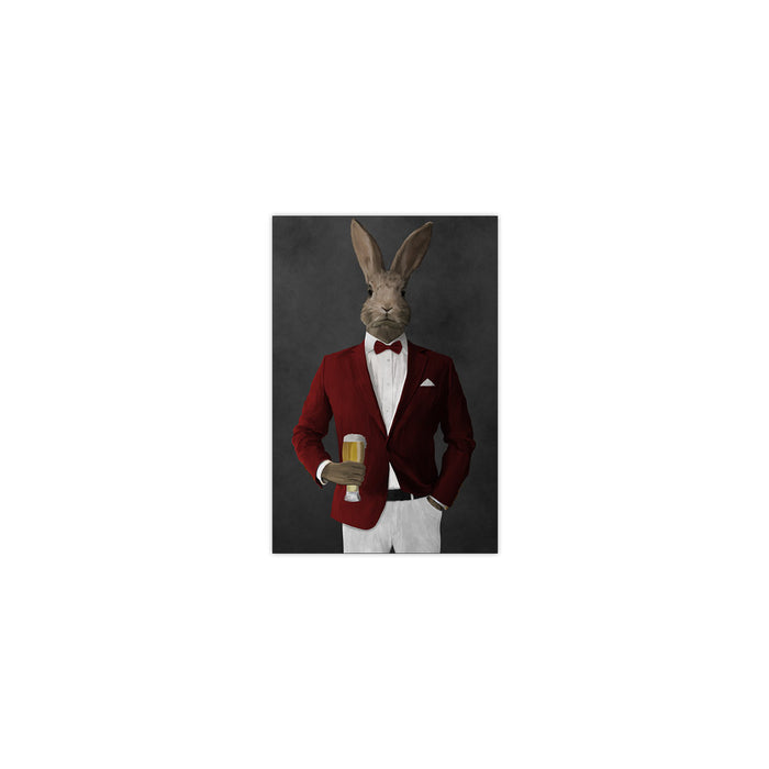 Rabbit drinking beer wearing red and white suit small wall art print