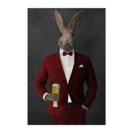 Rabbit drinking beer wearing red suit large wall art print