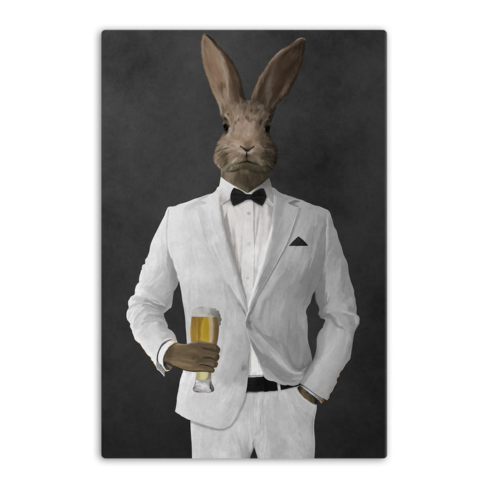 Rabbit drinking beer wearing white suit canvas wall art