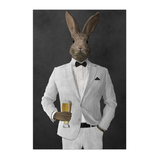 Rabbit drinking beer wearing white suit large wall art print