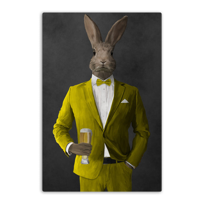 Rabbit drinking beer wearing yellow suit canvas wall art