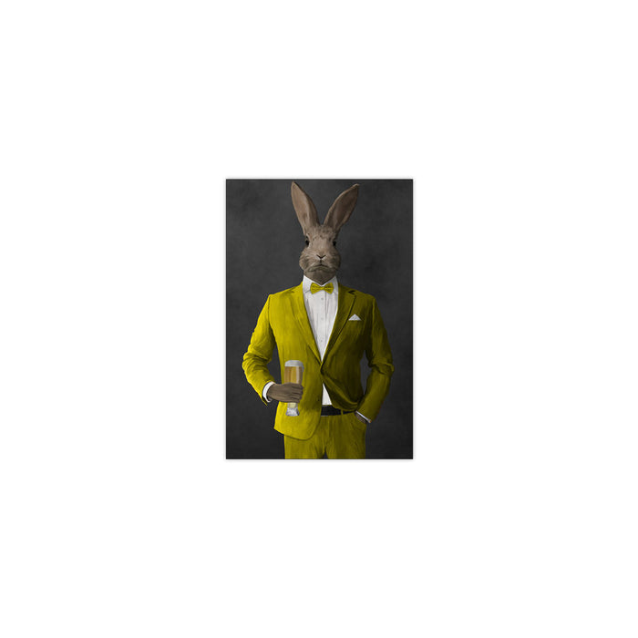 Rabbit drinking beer wearing yellow suit small wall art print