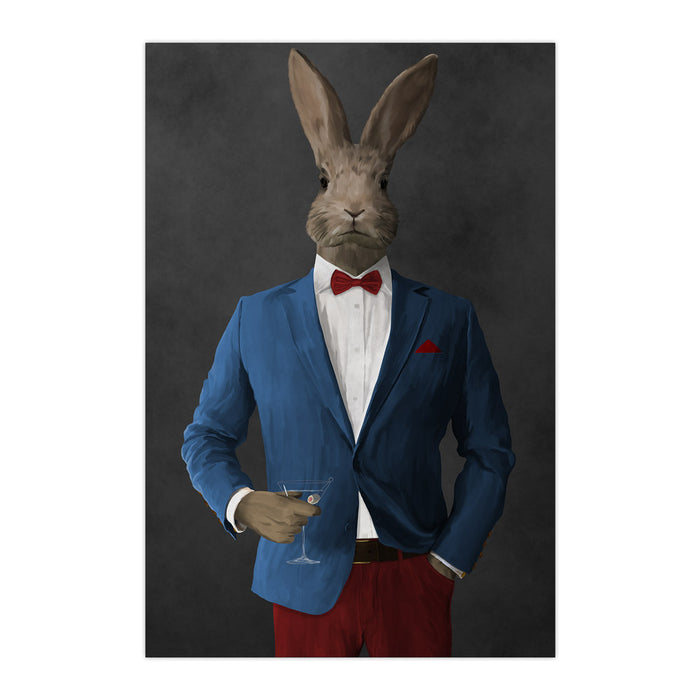 Rabbit drinking martini wearing blue and red suit large wall art print