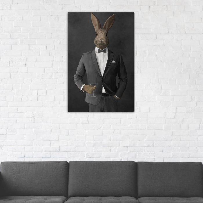 Rabbit Drinking Martini Wall Art - Gray Suit