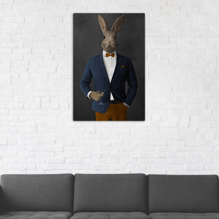Rabbit Drinking Martini Wall Art - Navy and Orange Suit