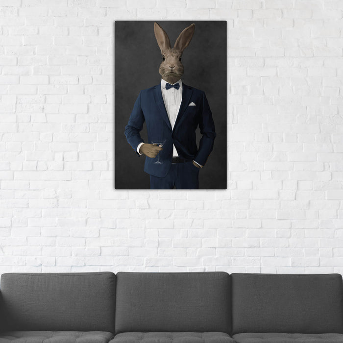 Rabbit Drinking Martini Wall Art - Navy Suit