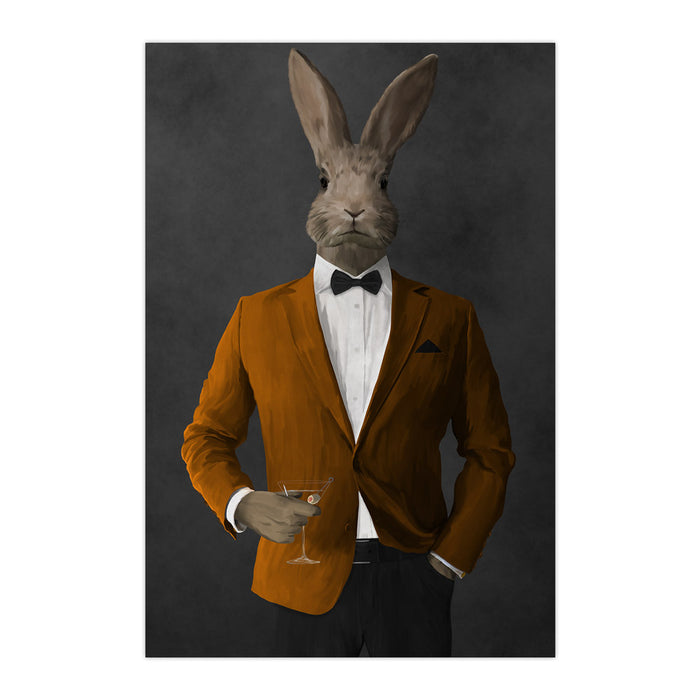 Rabbit drinking martini wearing orange and black suit large wall art print