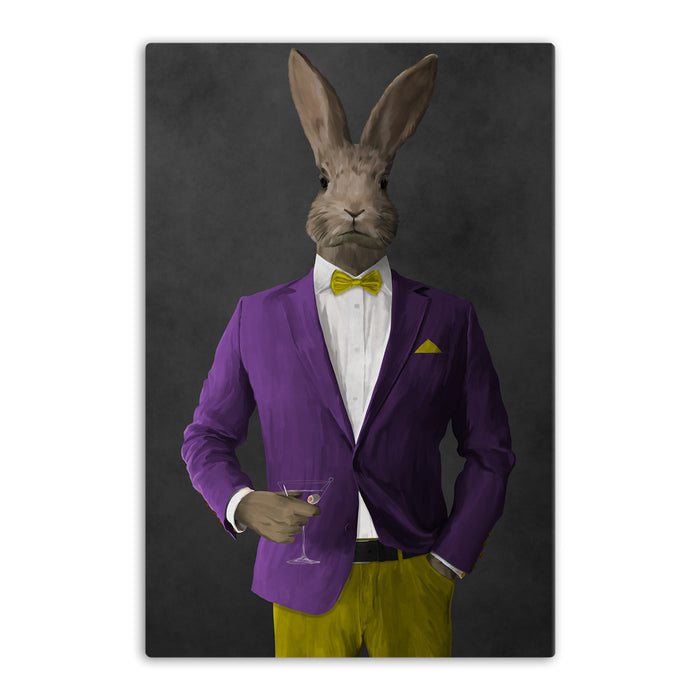 Rabbit drinking martini wearing purple and yellow suit canvas wall art