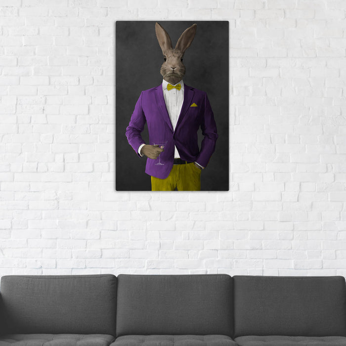 Rabbit Drinking Martini Wall Art - Purple and Yellow Suit