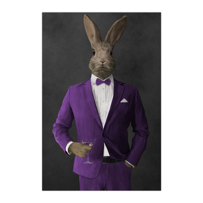Rabbit drinking martini wearing purple suit large wall art print