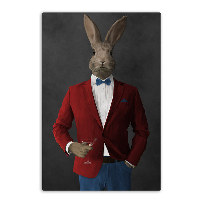 Rabbit drinking martini wearing red and blue suit canvas wall art