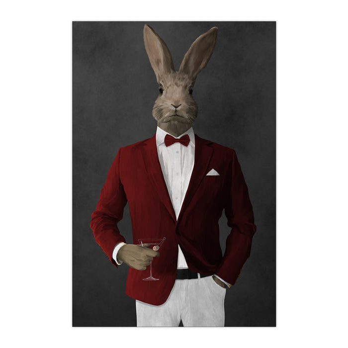 Rabbit drinking martini wearing red and white suit large wall art print