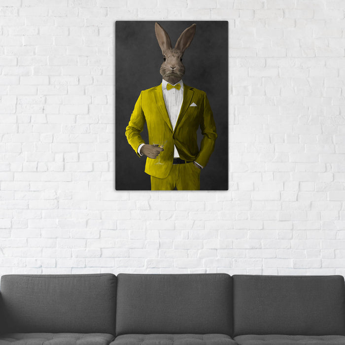 Rabbit Drinking Martini Wall Art - Yellow Suit