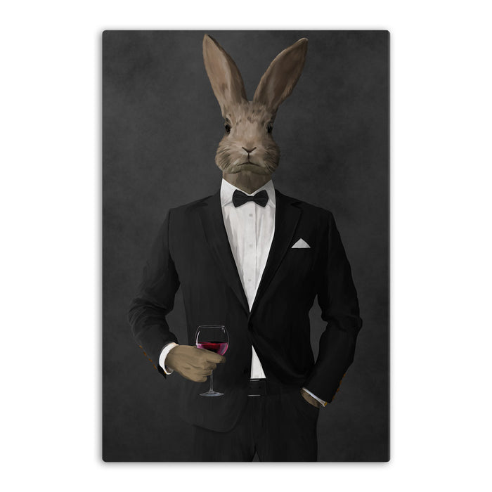 Rabbit drinking red wine wearing black suit canvas wall art