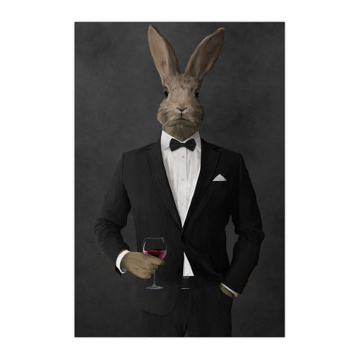 Rabbit drinking red wine wearing black suit large wall art print