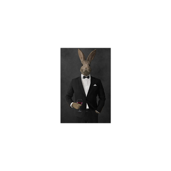 Rabbit drinking red wine wearing black suit small wall art print