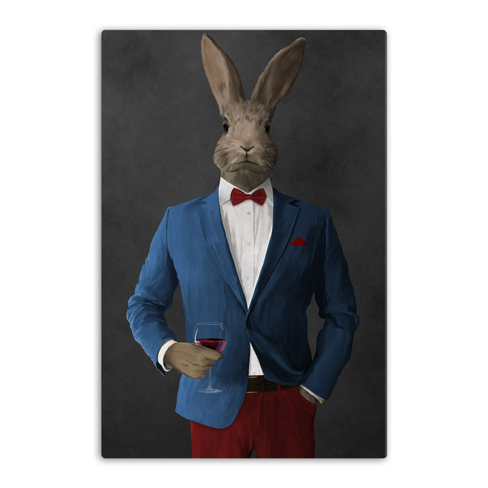 Rabbit drinking red wine wearing blue and red suit canvas wall art
