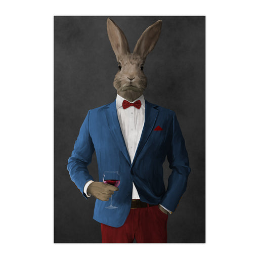 Rabbit drinking red wine wearing blue and red suit large wall art print