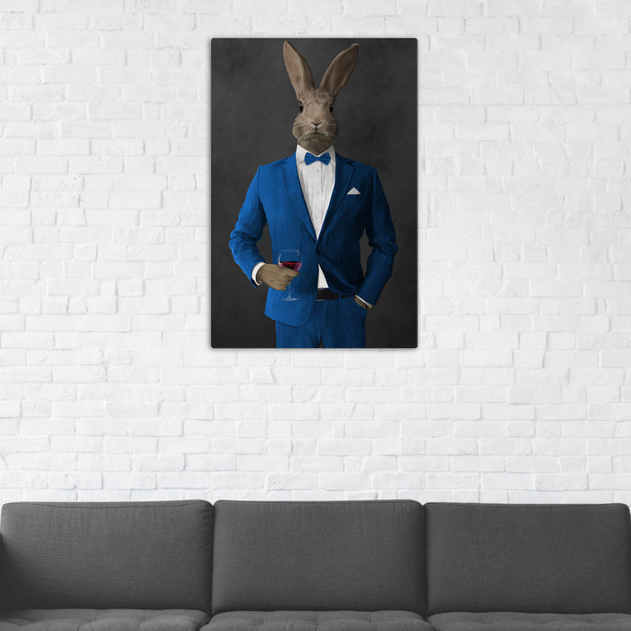 Rabbit Drinking Red Wine Wall Art - Blue Suit