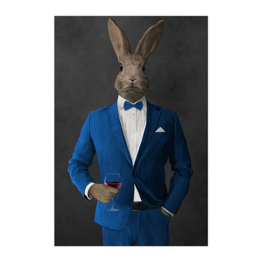 Rabbit drinking red wine wearing blue suit large wall art print