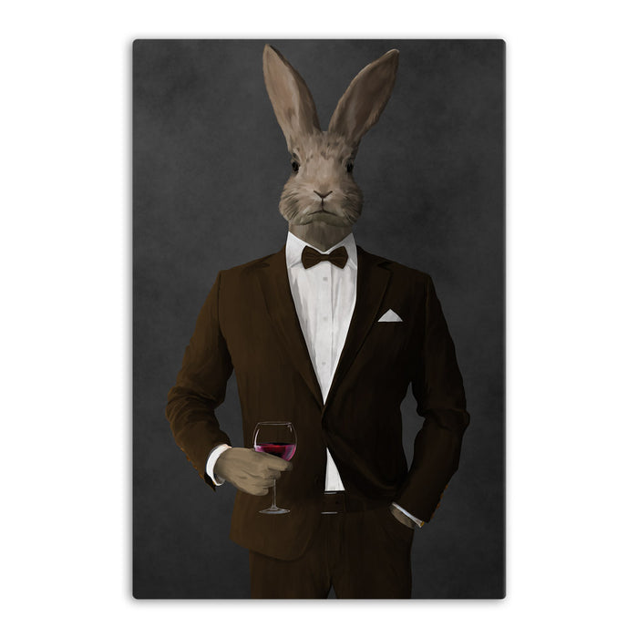 Rabbit drinking red wine wearing brown suit canvas wall art