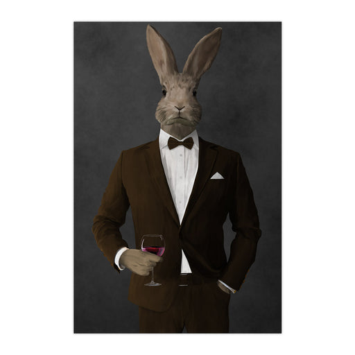 Rabbit drinking red wine wearing brown suit large wall art print