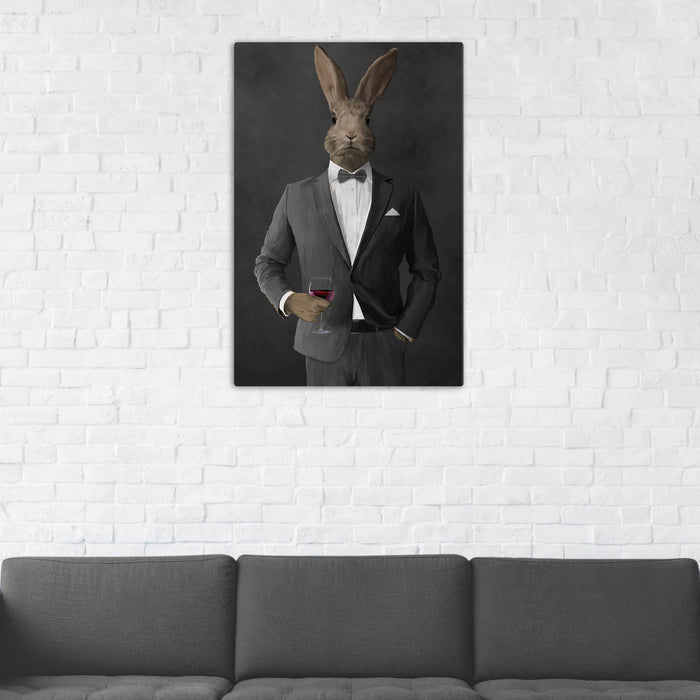 Rabbit Drinking Red Wine Wall Art - Gray Suit