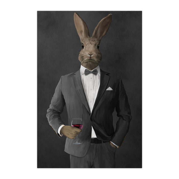 Rabbit drinking red wine wearing gray suit large wall art print