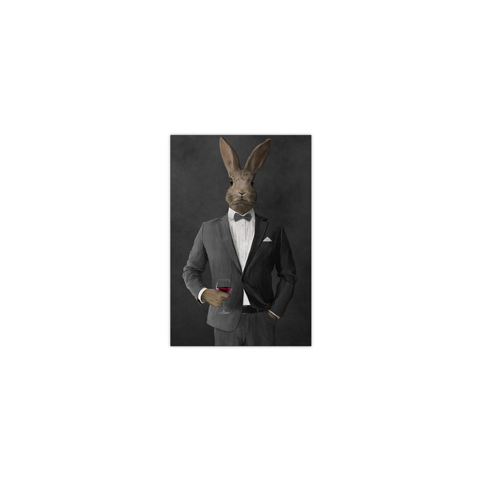 Rabbit drinking red wine wearing gray suit small wall art print