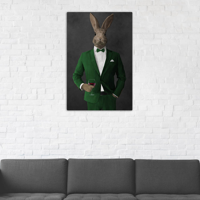 Rabbit Drinking Red Wine Wall Art - Green Suit