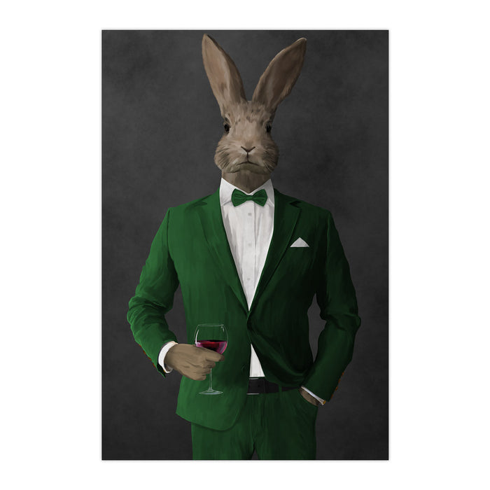 Rabbit drinking red wine wearing green suit large wall art print