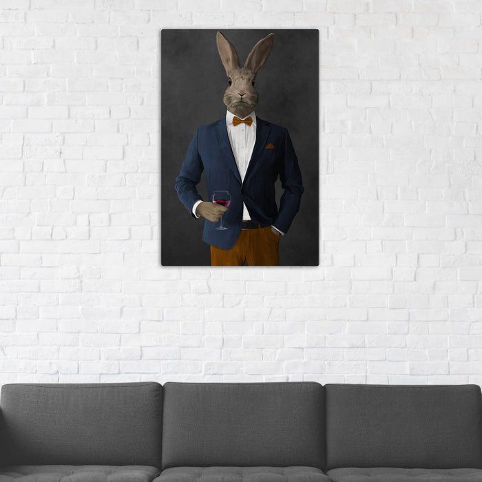 Rabbit Drinking Red Wine Wall Art - Navy and Orange Suit