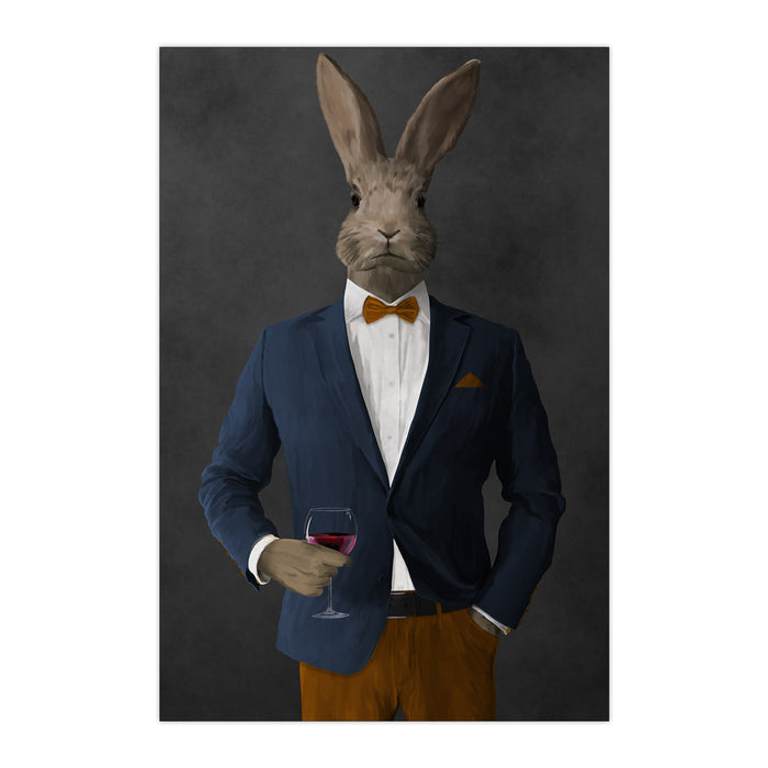 Rabbit drinking red wine wearing navy and orange suit large wall art print
